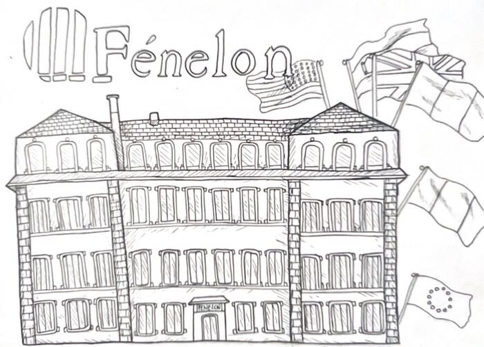 Dessin représentant Fénelon entouré de plusieurs drapeaux